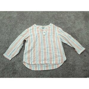LL Bean Shirt Womens S Pink Vertical Stripes‎ V-Neck Long Sleeve 100% Linen NWT